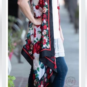 Black, White, Red Rose Kimono Wrap Vest with Tassels